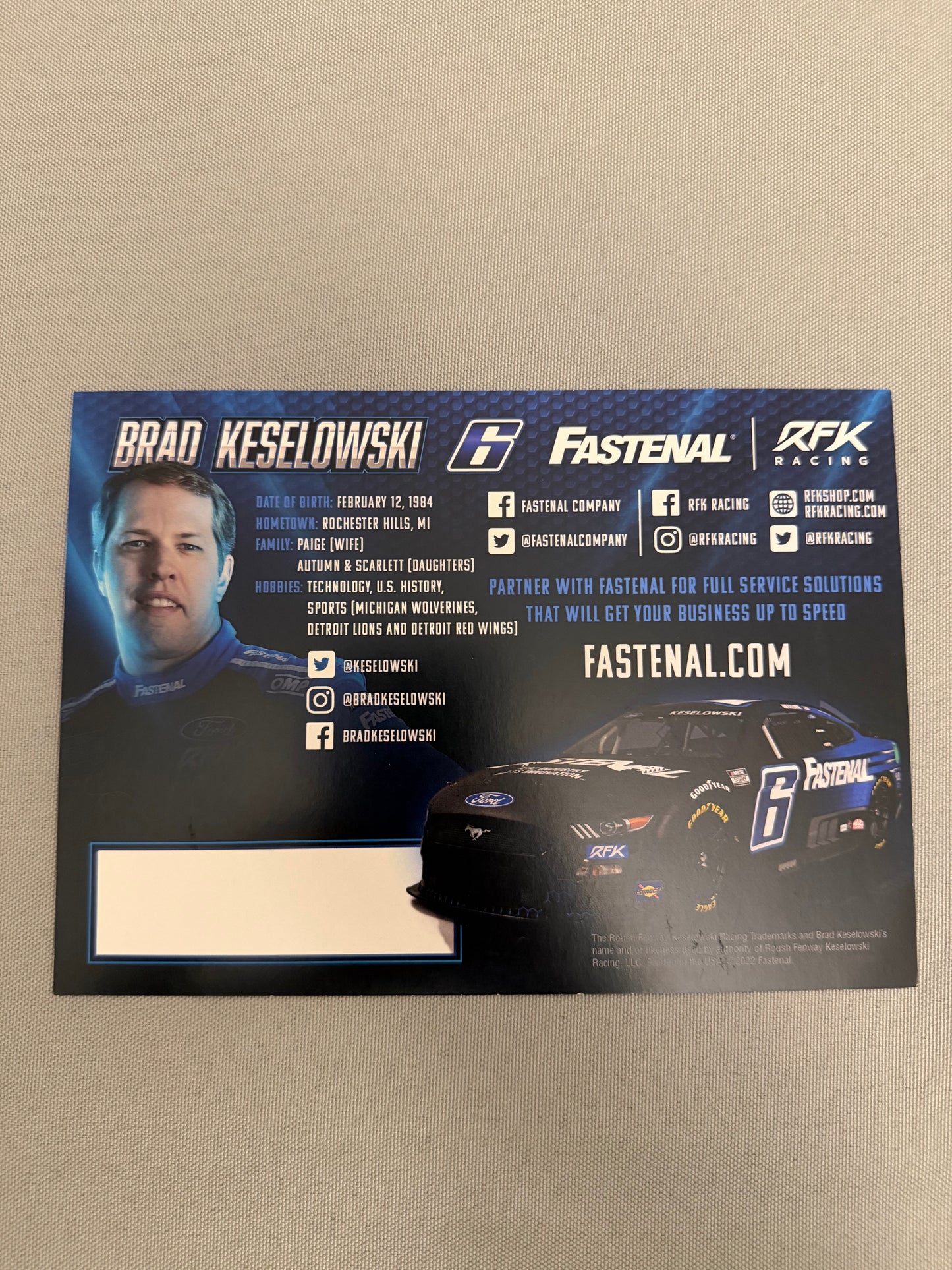 Brad Keselowski #6 2022 Fastenal Nascar Hero Card
