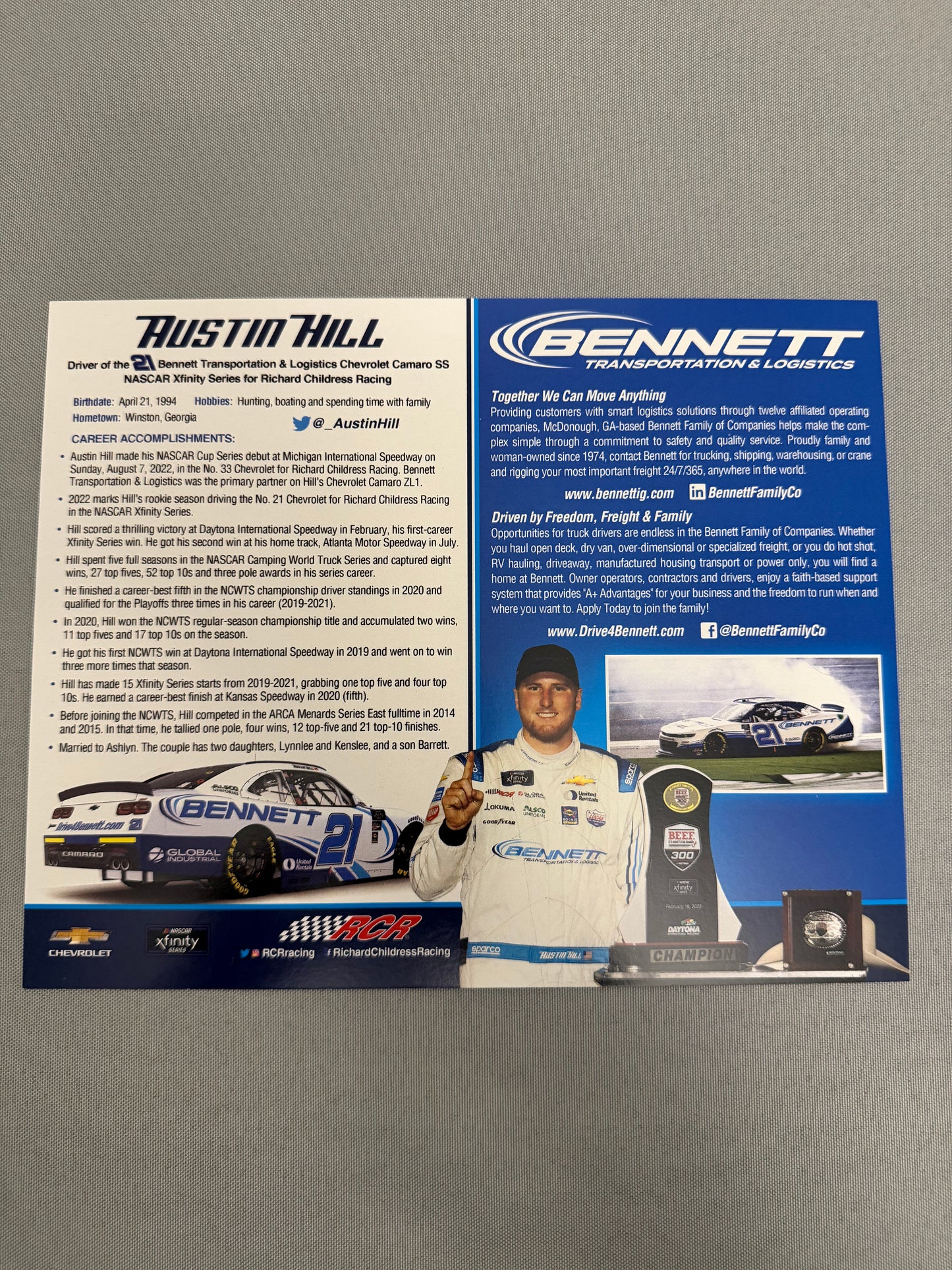 Austin Hill #21 2022 Bennett Transportation Nascar Hero Card