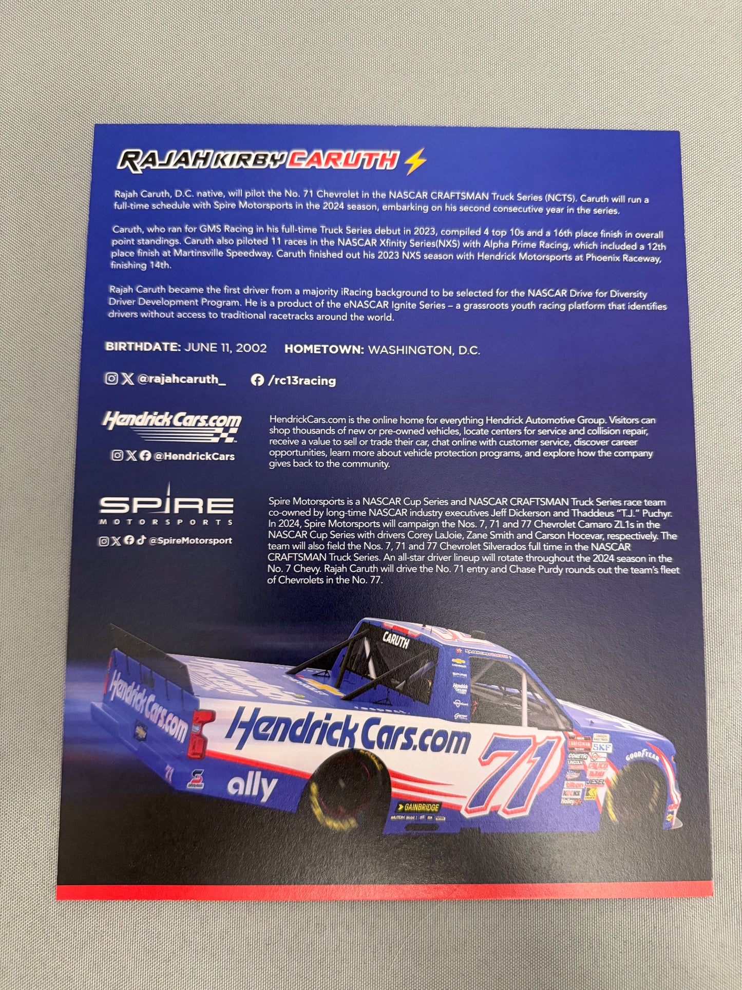 Rajah Caruth #71 2024 Hendrick Cars Nascar Hero Card