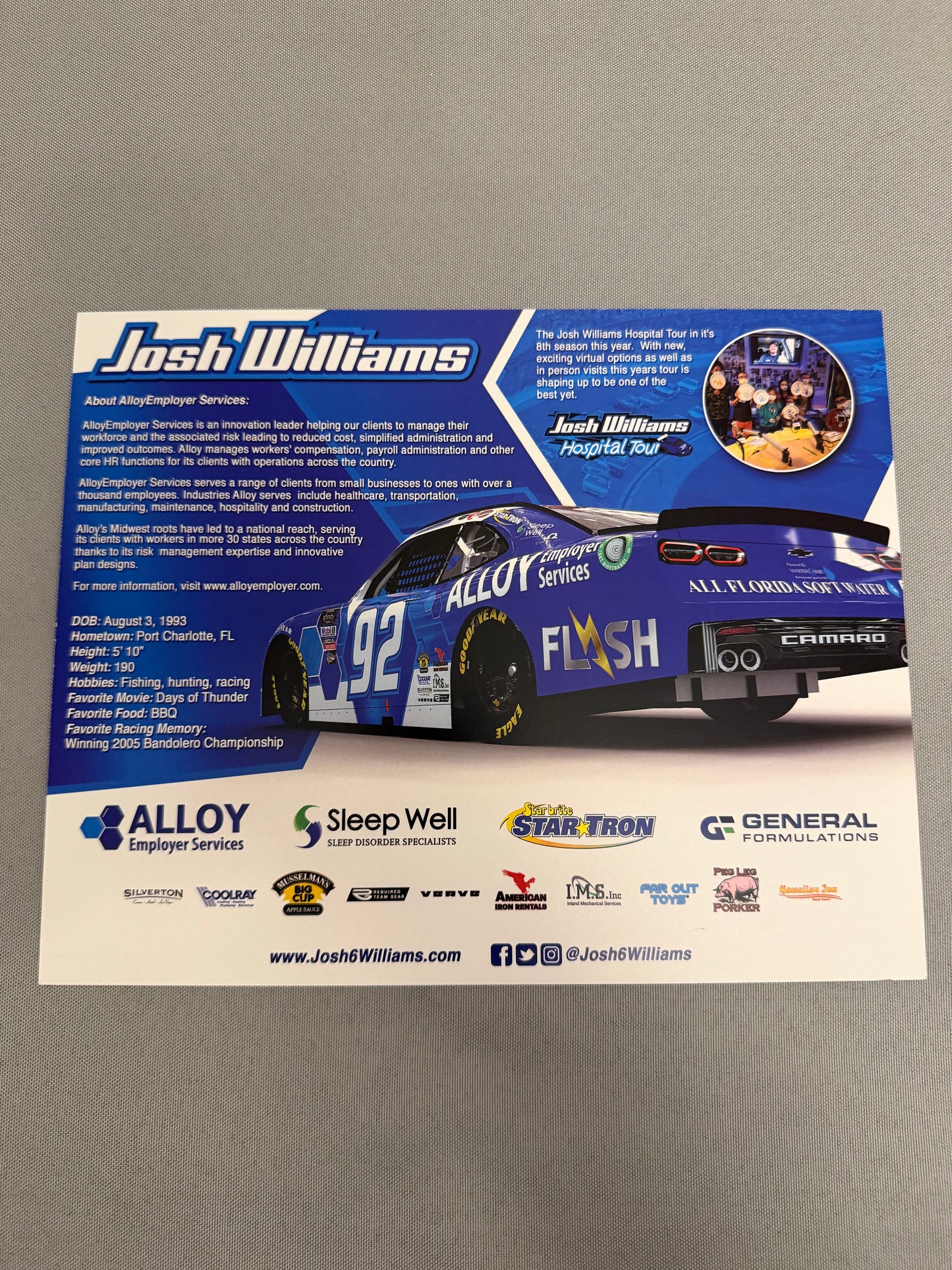 Josh Williams #92 Alloy Employer Services Nascar Hero Card