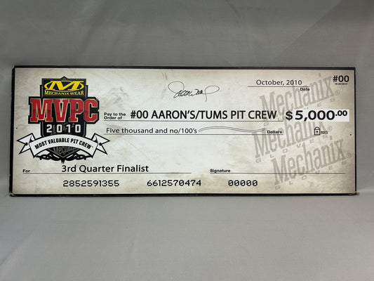 David Reutimann #00 2010 Autographed Most Valuable Pit Crew Nascar Check