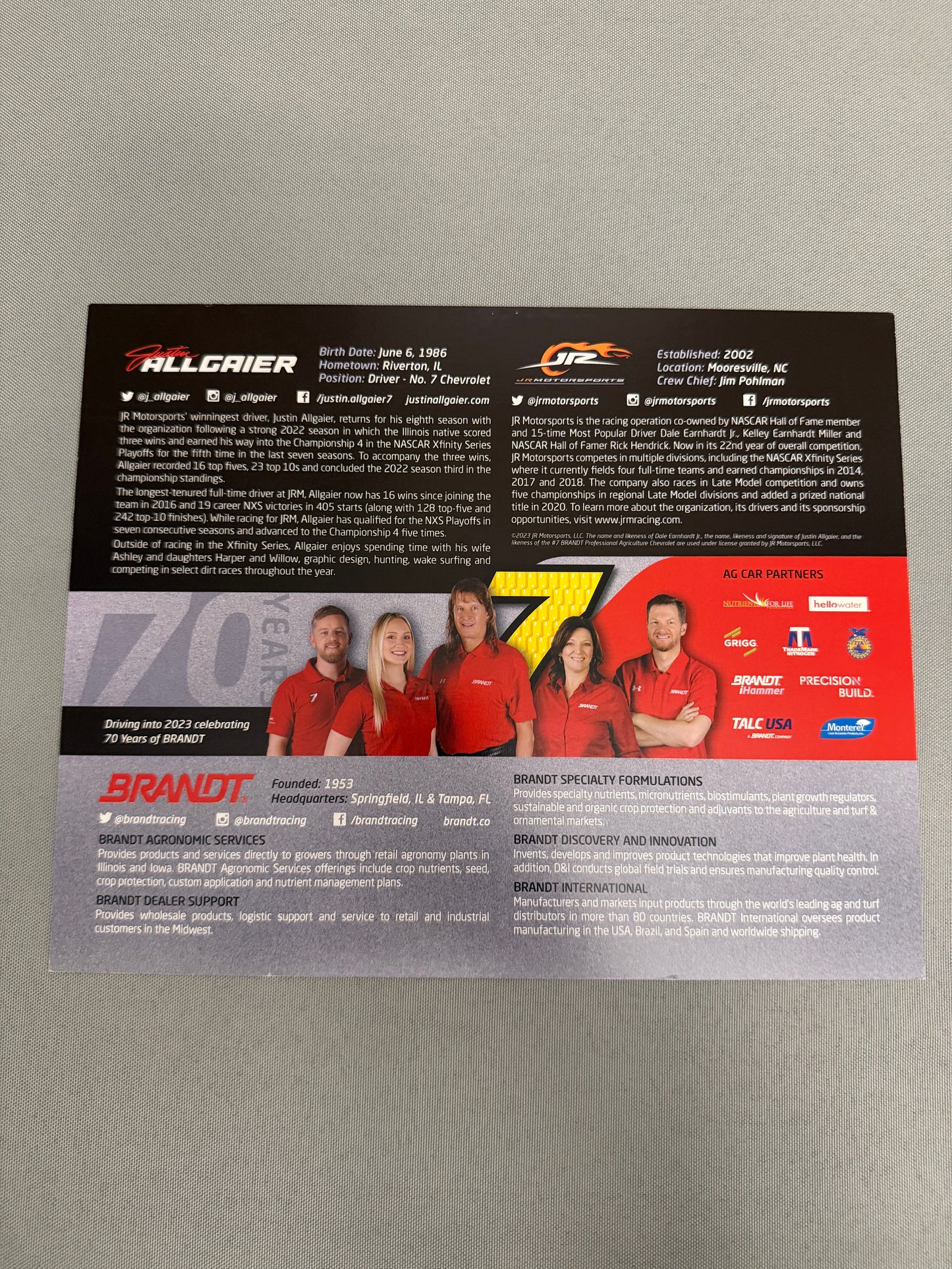 Justin Allgaier #7 2023 Brandt Nascar Hero Card