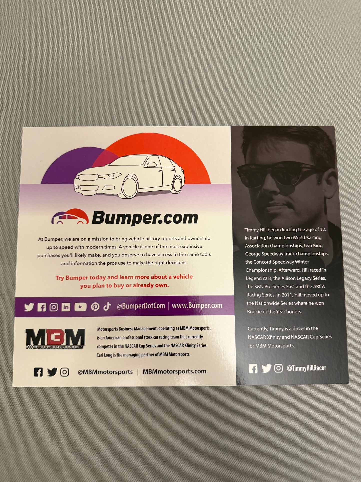 Timmy Hill #66 2022 Bumper.com Nascar Hero Card