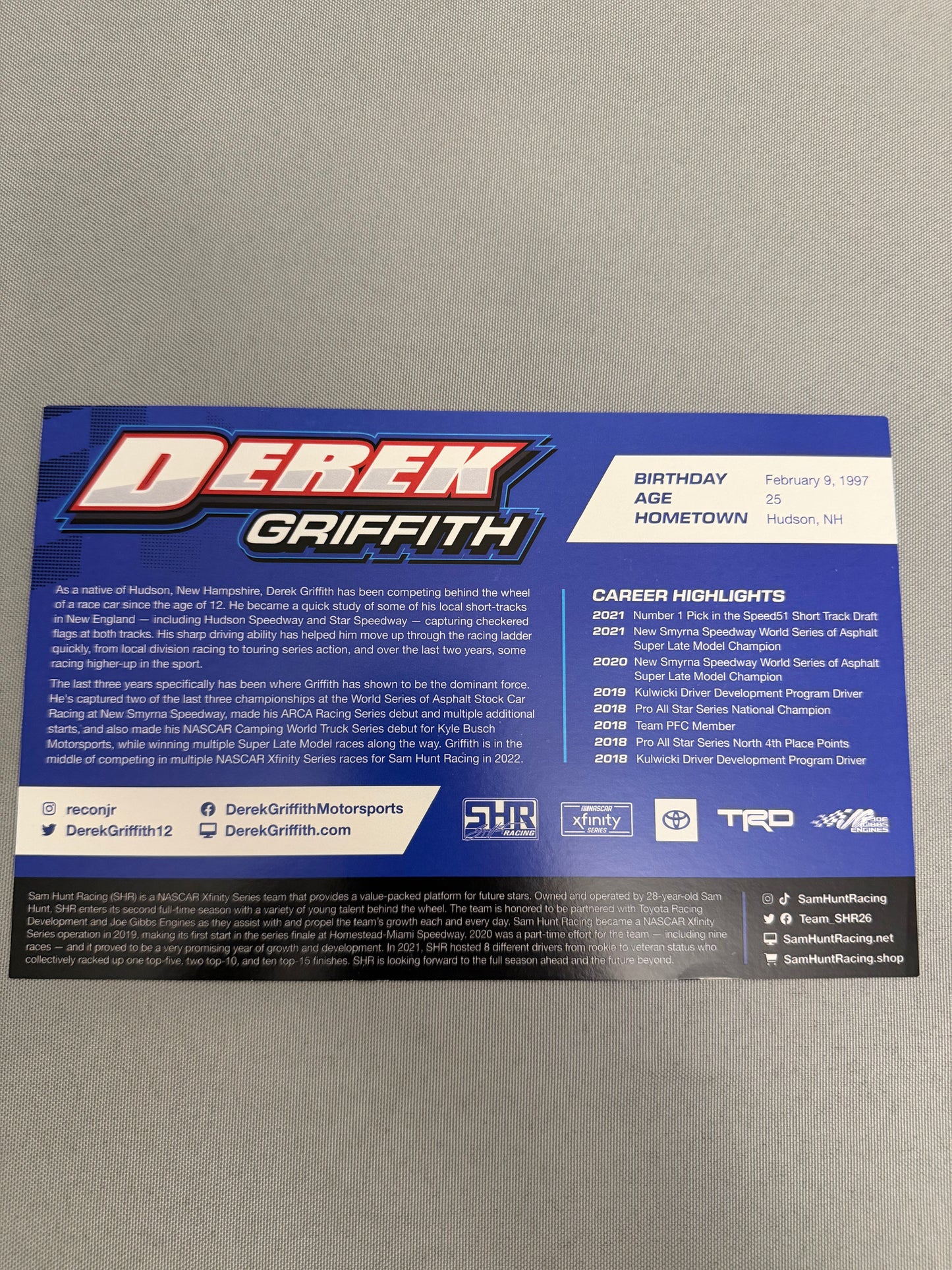 Derek Griffith #26 2022 Hudson Speedway Nascar Hero Card