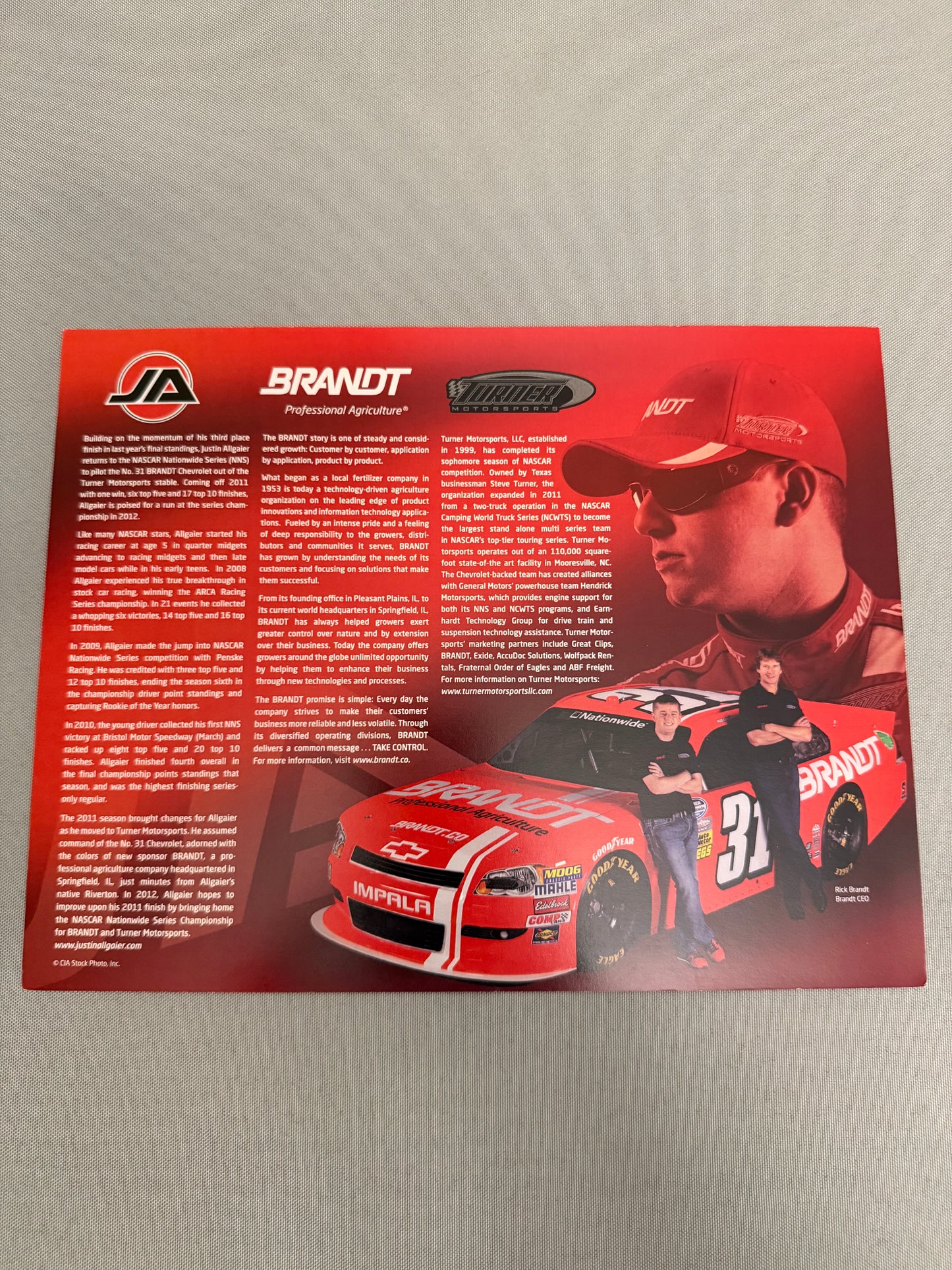 Justin Allgaier #31 2012 Brandt Nascar Hero Card