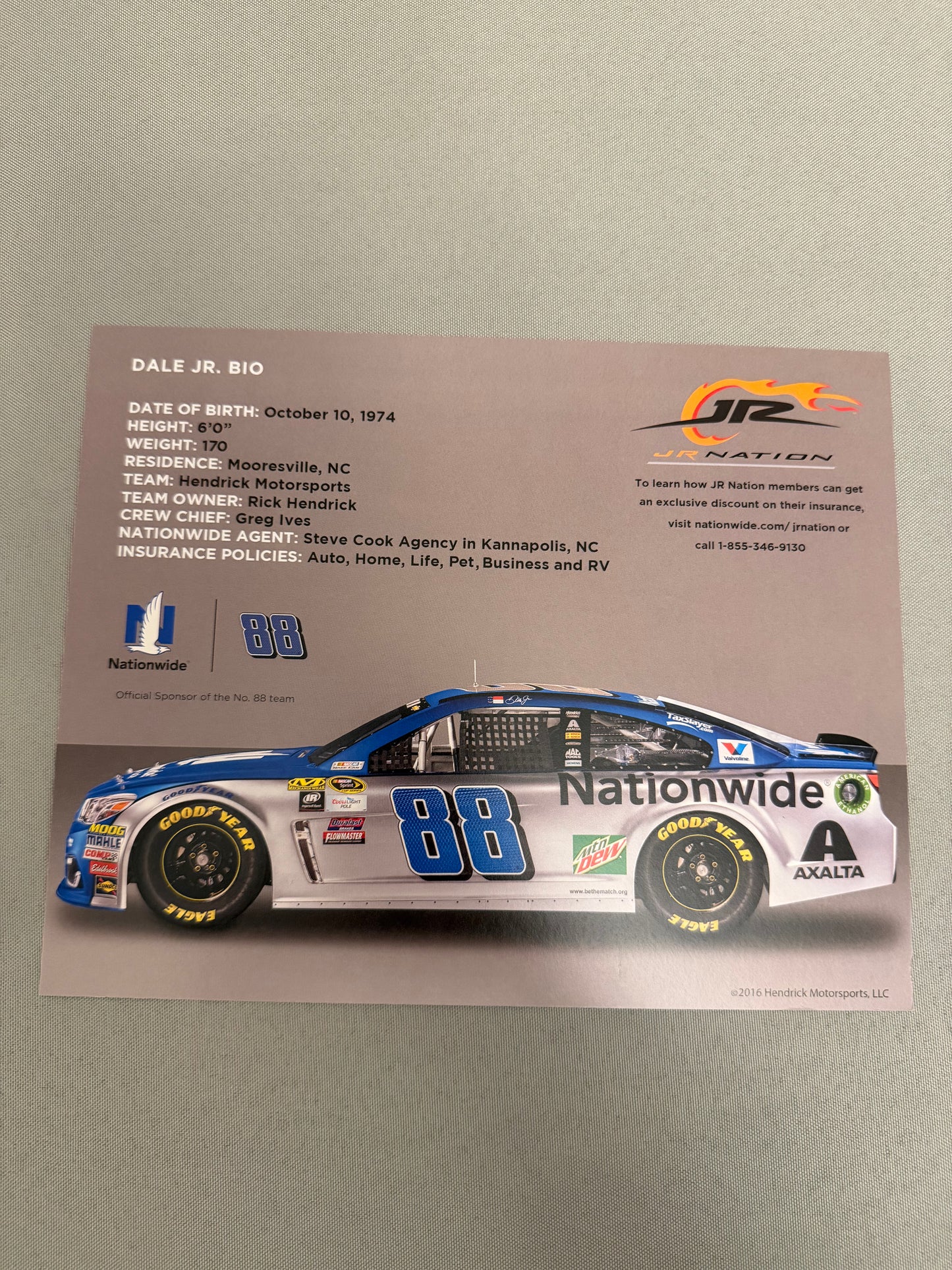 Dale Earnhardt Jr #88 2016 Nationwide Nascar Hero Card