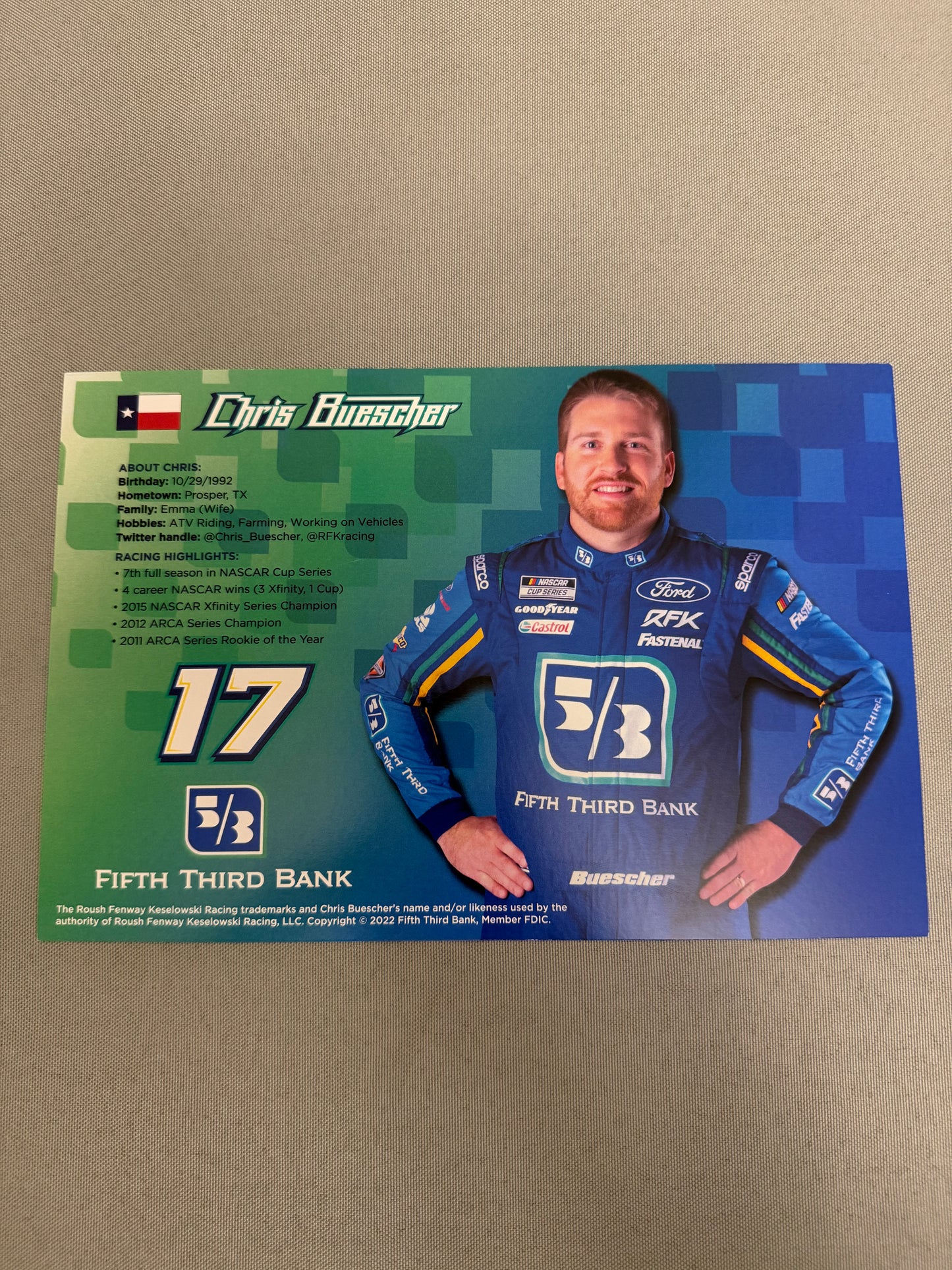 Chris Buescher #17 2022 Fifth Third Bank Nascar Hero Card
