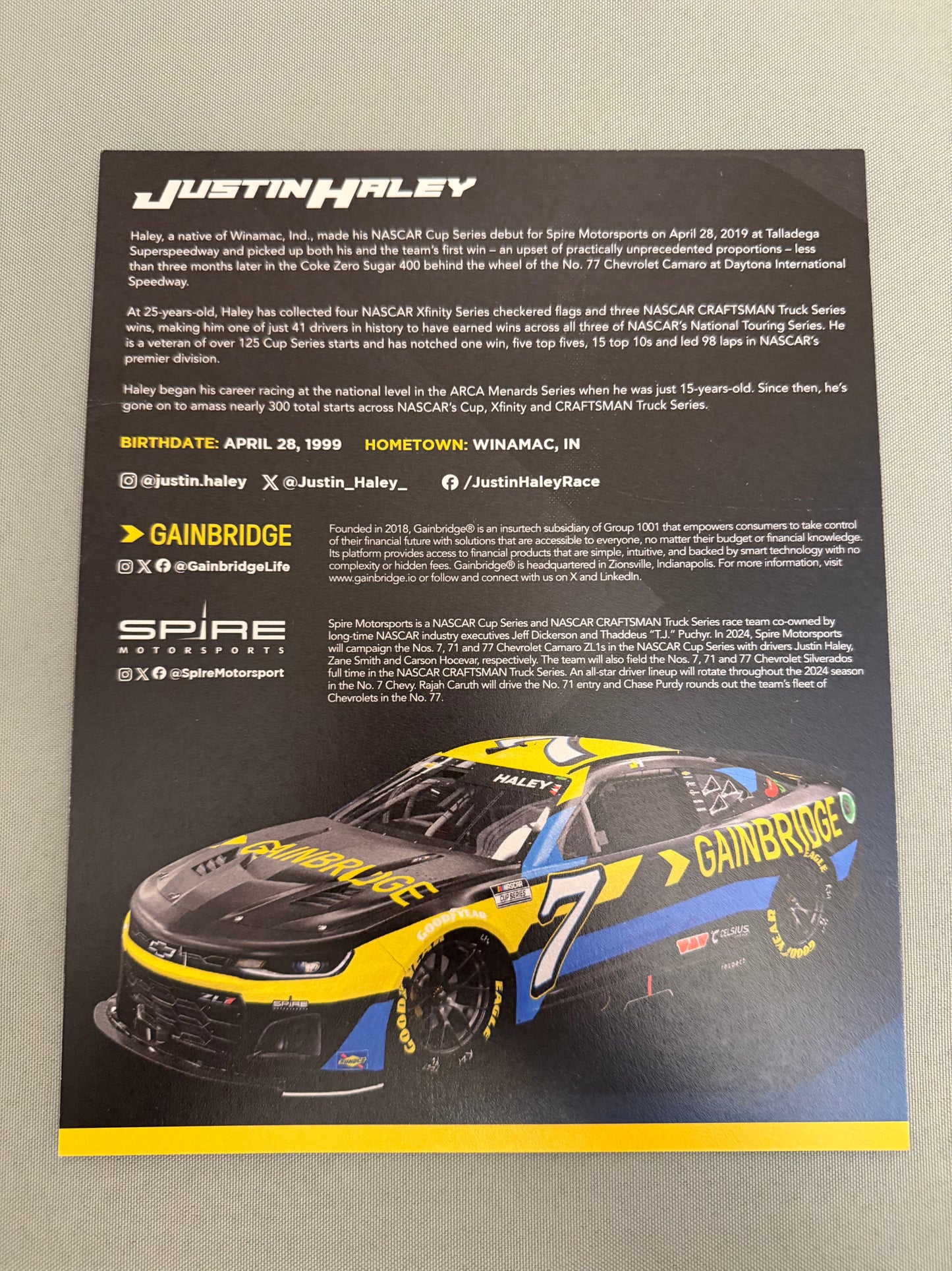 Justin Haley #7 2024 Gainbridge Nascar Hero Card