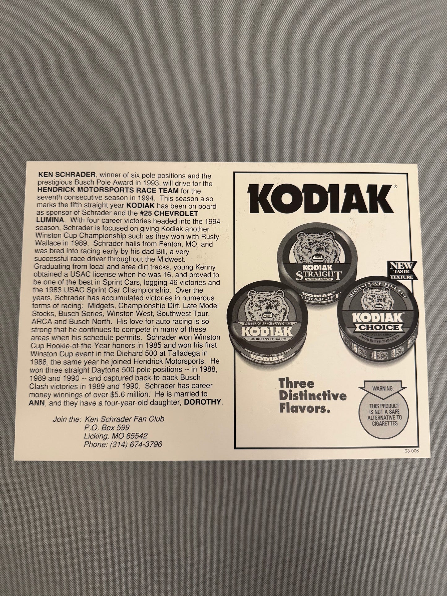 Ken Schrader #25 Kodiak Nascar Hero Card