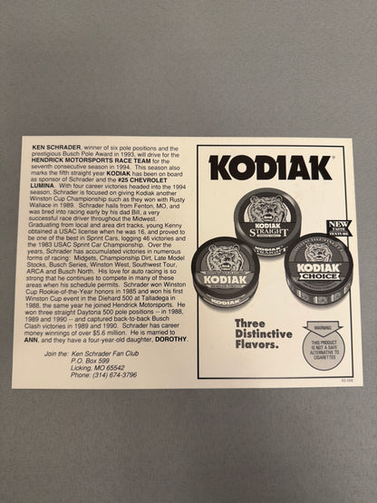 Ken Schrader #25 Kodiak Nascar Hero Card