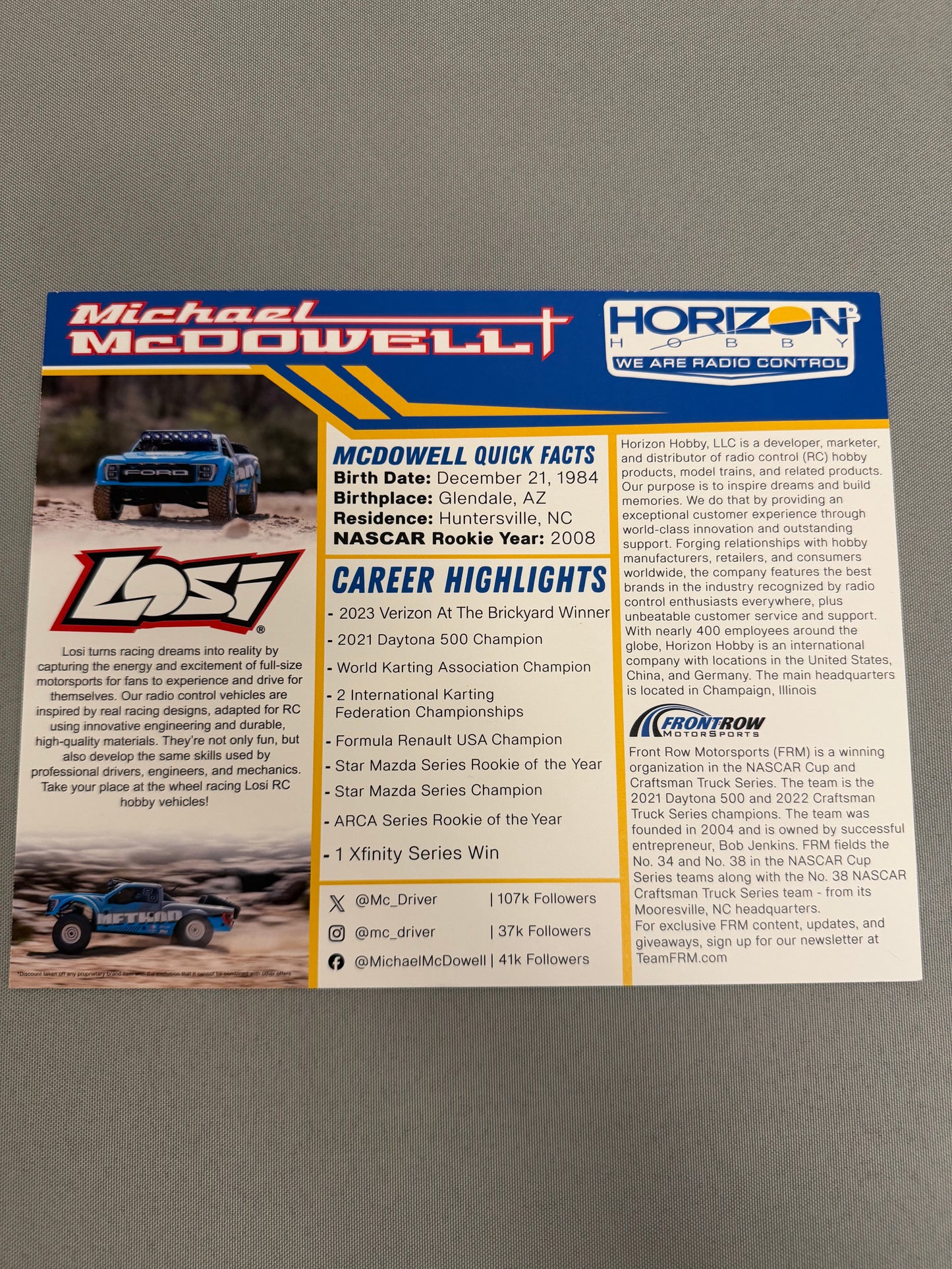 Michael McDowell #34 2024 Horizon Hobby Shop Local Nascar Hero Card