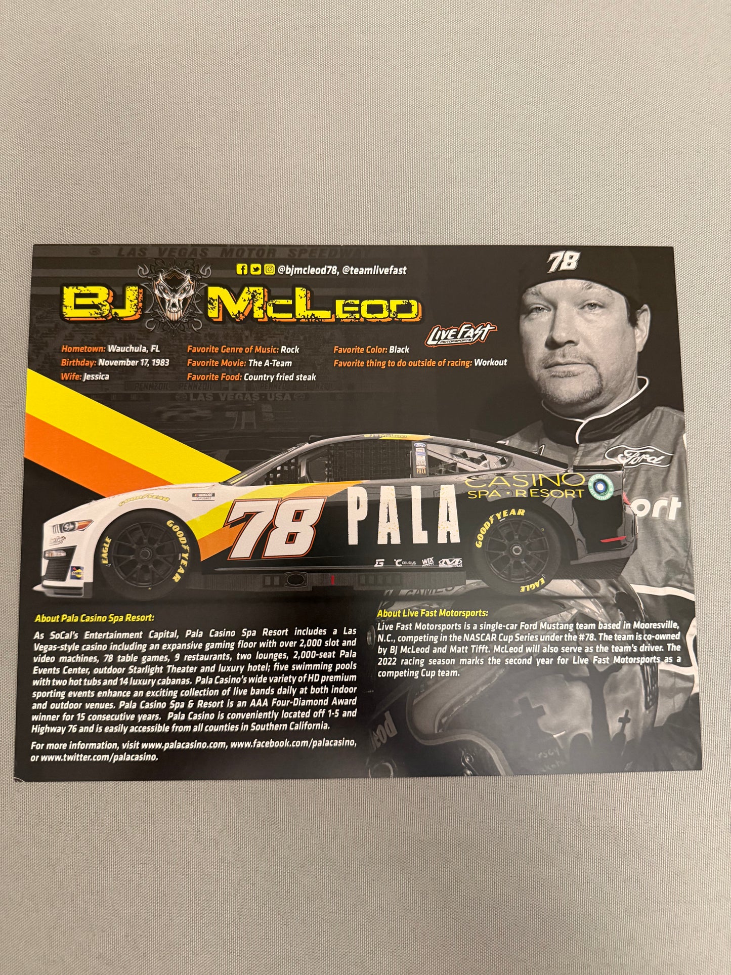 BJ McLeod #78 2022 Pala Casino Nascar Hero Card