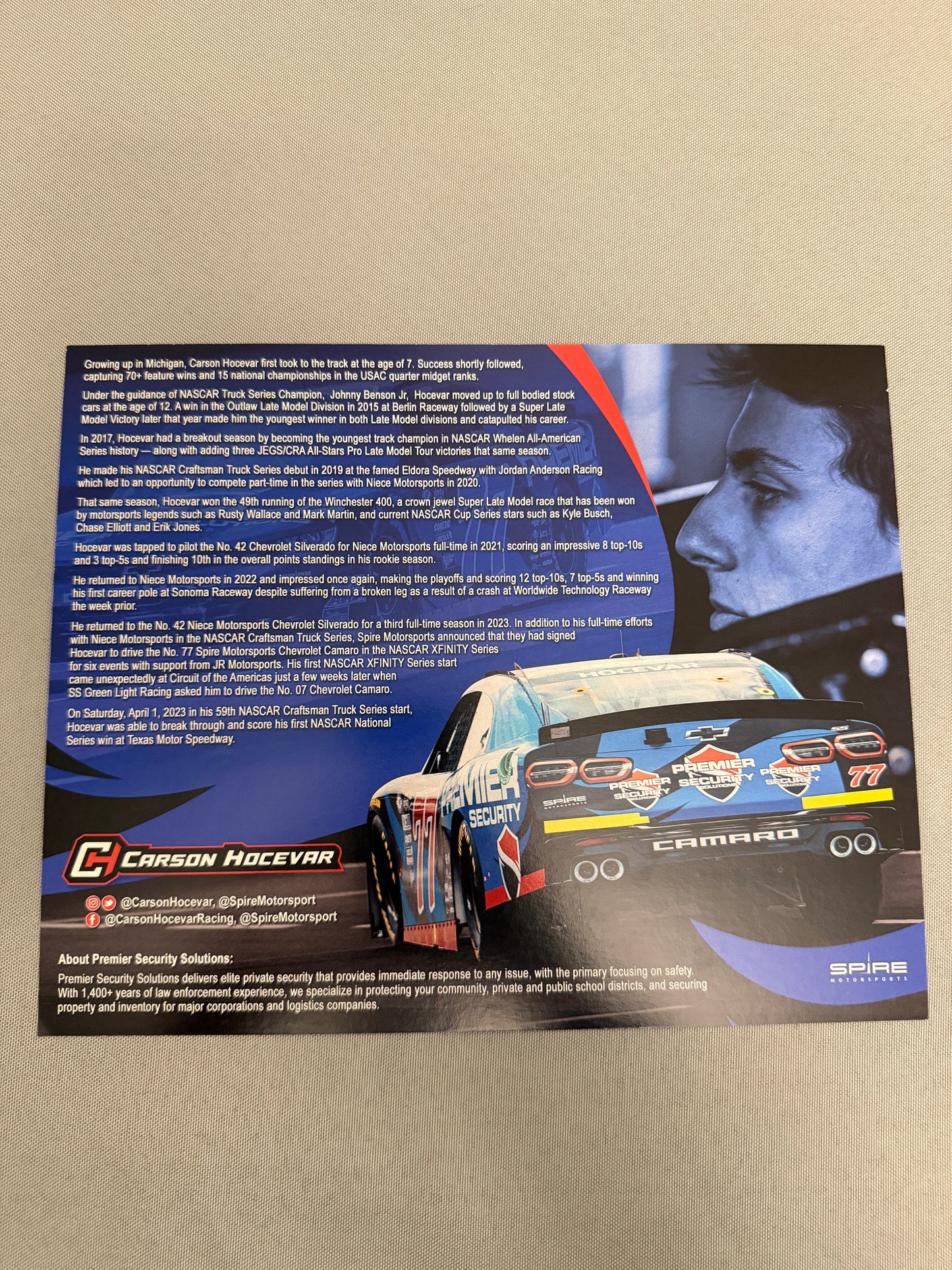 Carson Hocevar #77 2023 Premier Security Nascar Hero Card