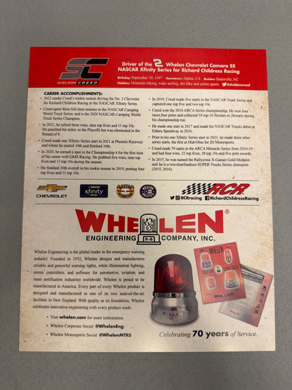 Sheldon Creed #2 2022 Whelen Throwback Nascar Hero Card