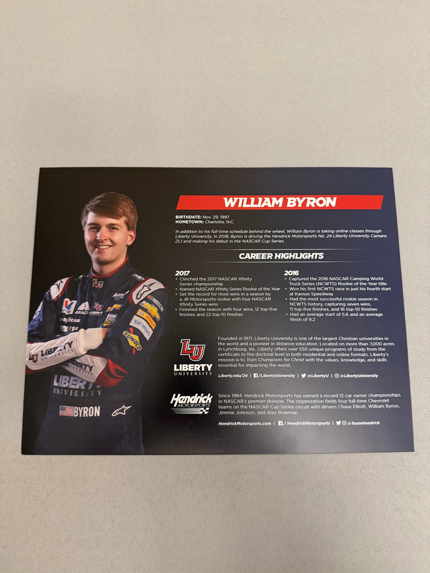 William Byron #24 2018 Liberty University Nascar Hero Card