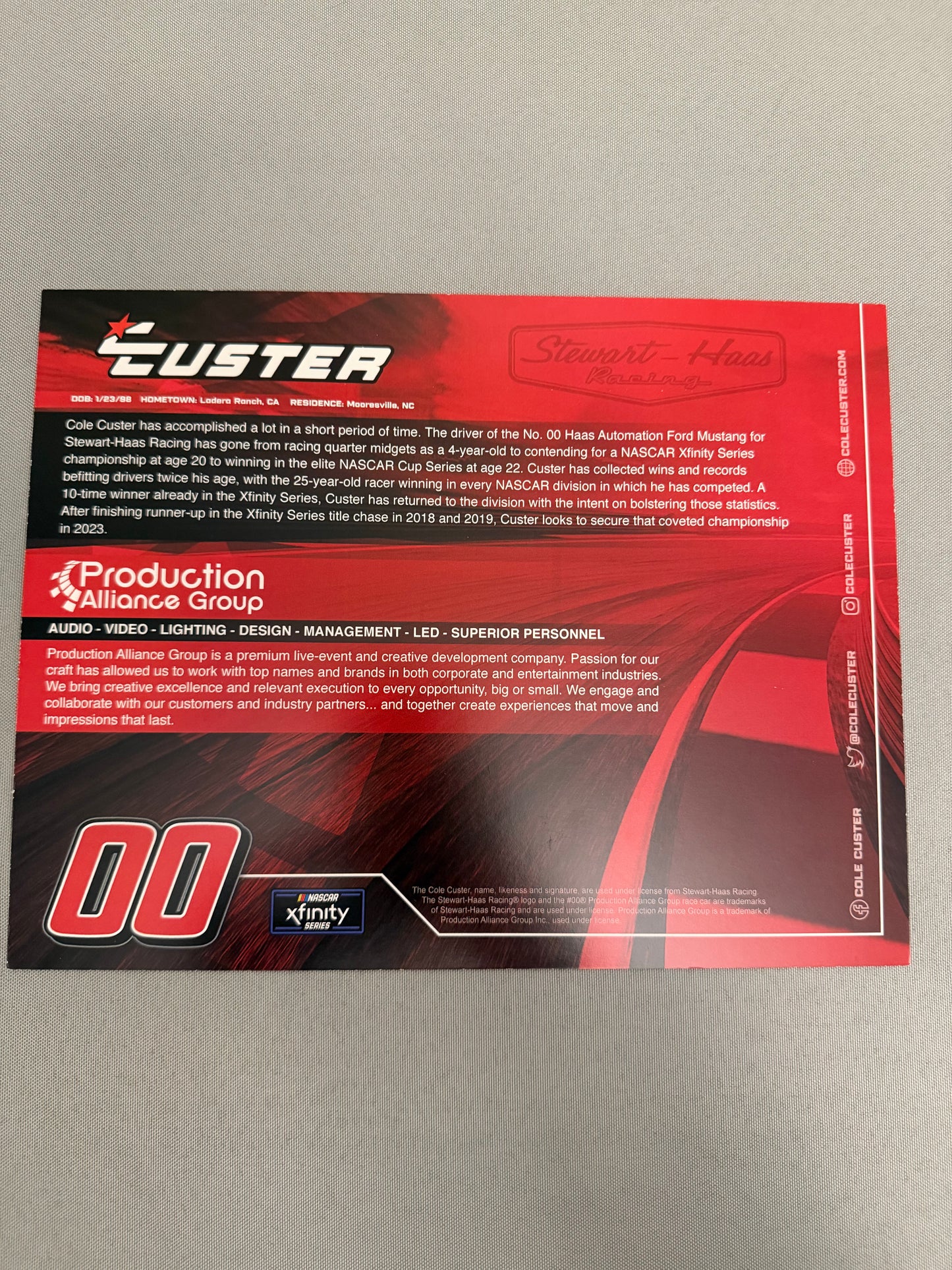 Cole Custer #00 2023 Production Alliance Nascar Hero Card