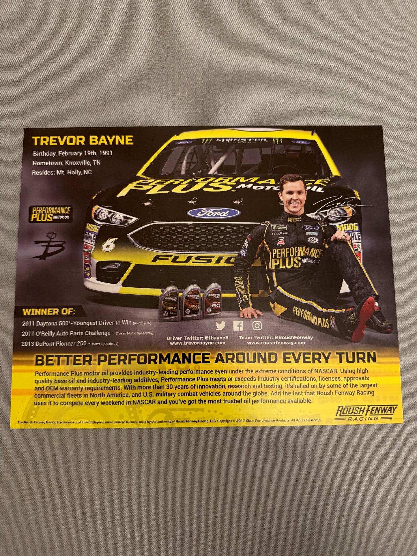 Trevor Bayne #6 2017 Performance Plus Nascar Hero Card