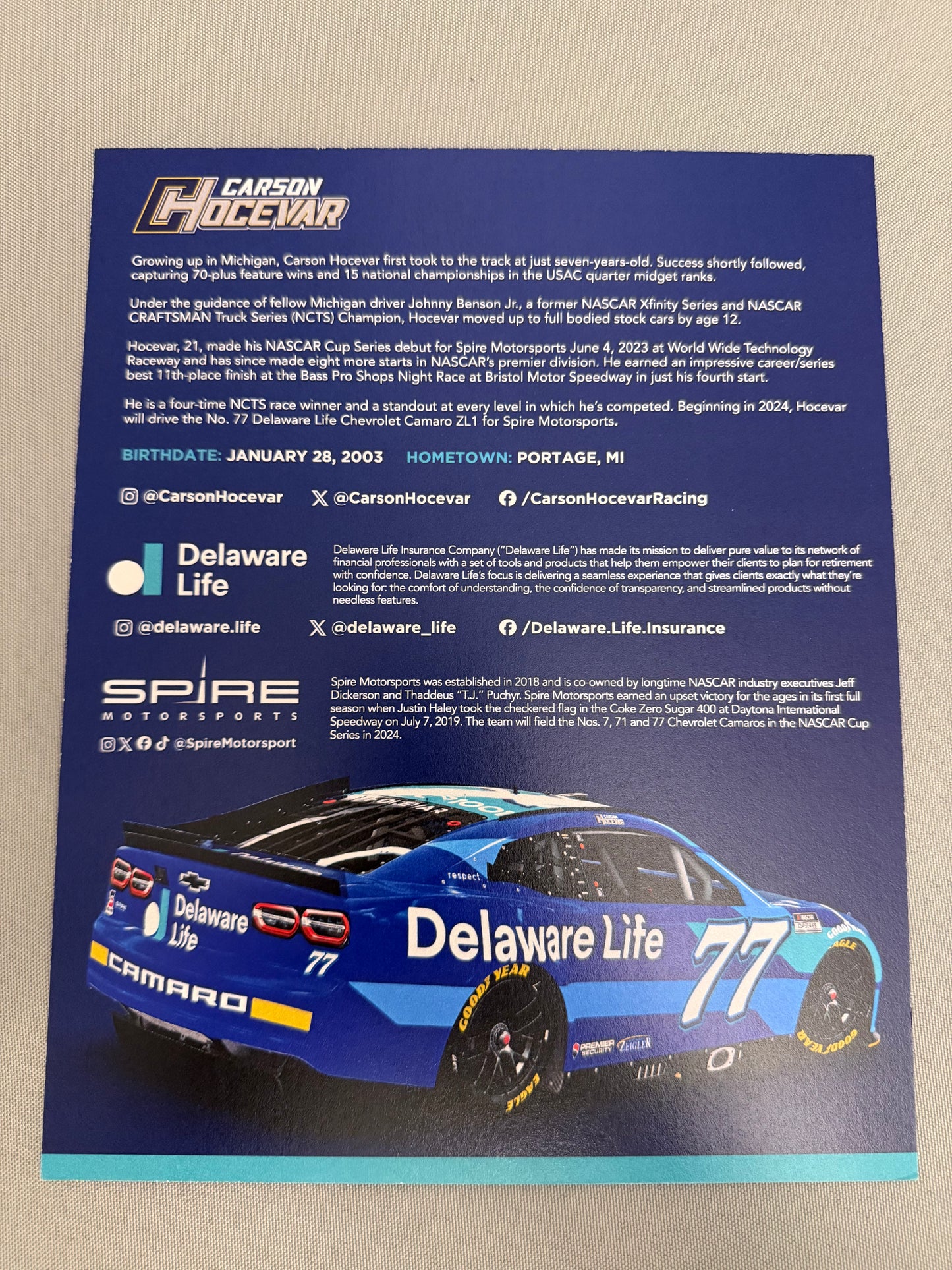 Carson Hocevar #77 2024 Delaware Life Women’s History Month Nascar Hero Card
