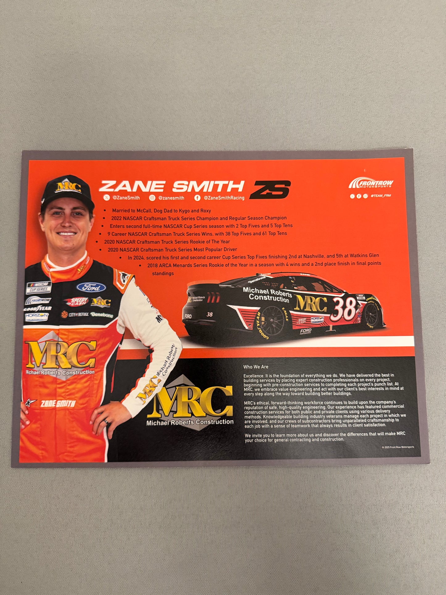 Zane Smith #38 2025 MRC Nascar Hero Card
