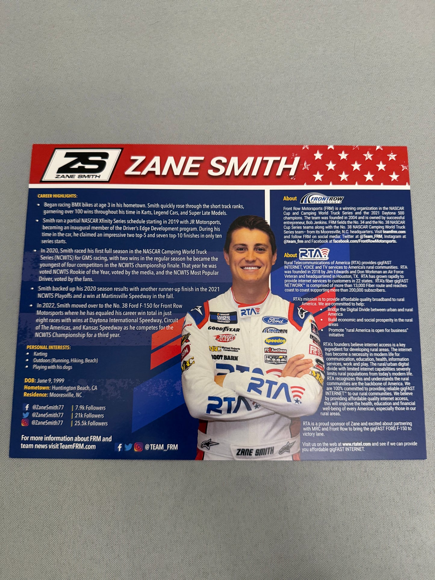 Zane Smith #38 2022 RTA Nascar Hero Card