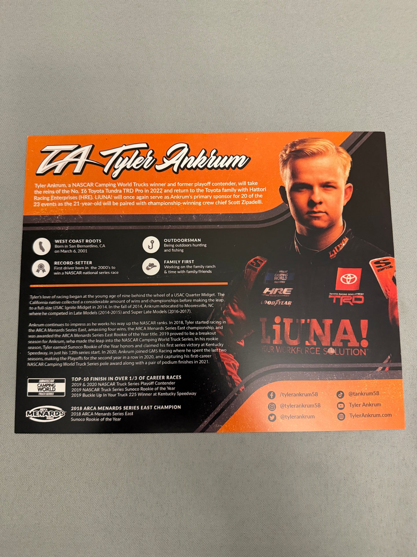 Tyler Ankrum #16 2022 Liuna Nascar Hero Card