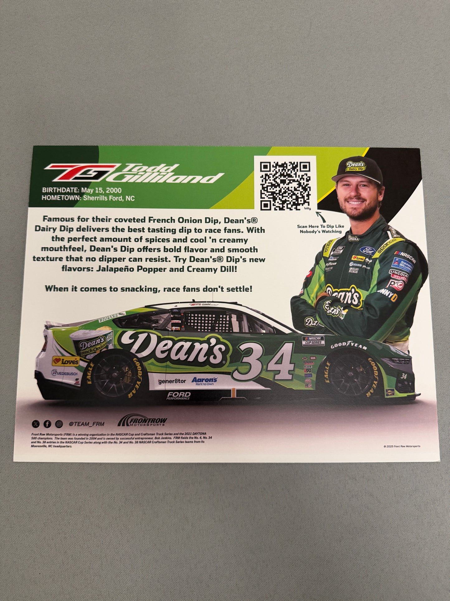 Todd Gilliland #34 2025 Deans Dairy Dip Nascar Hero Card