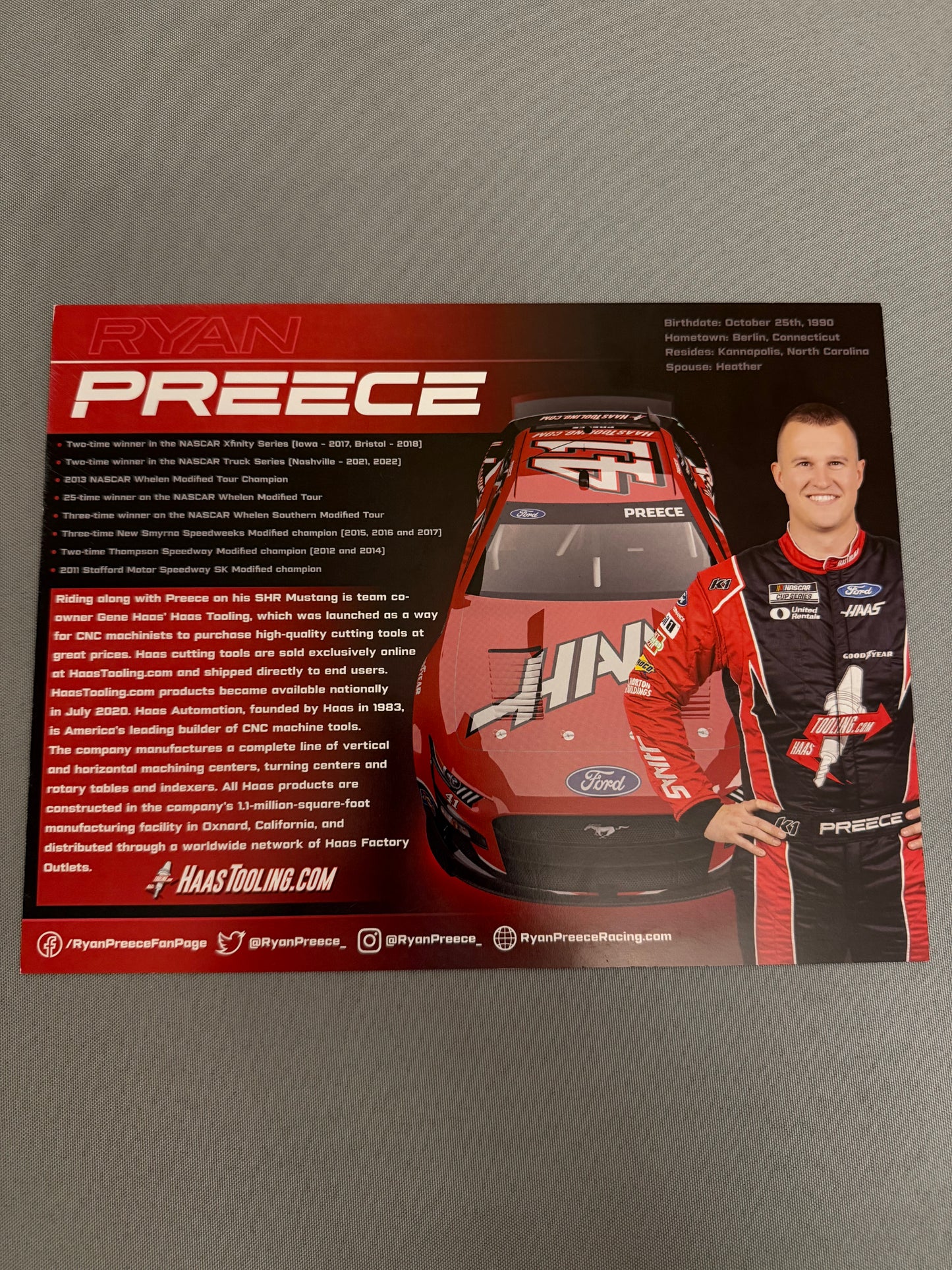 Ryan Preece #41 2023 Haas Tooling Nascar Hero Card