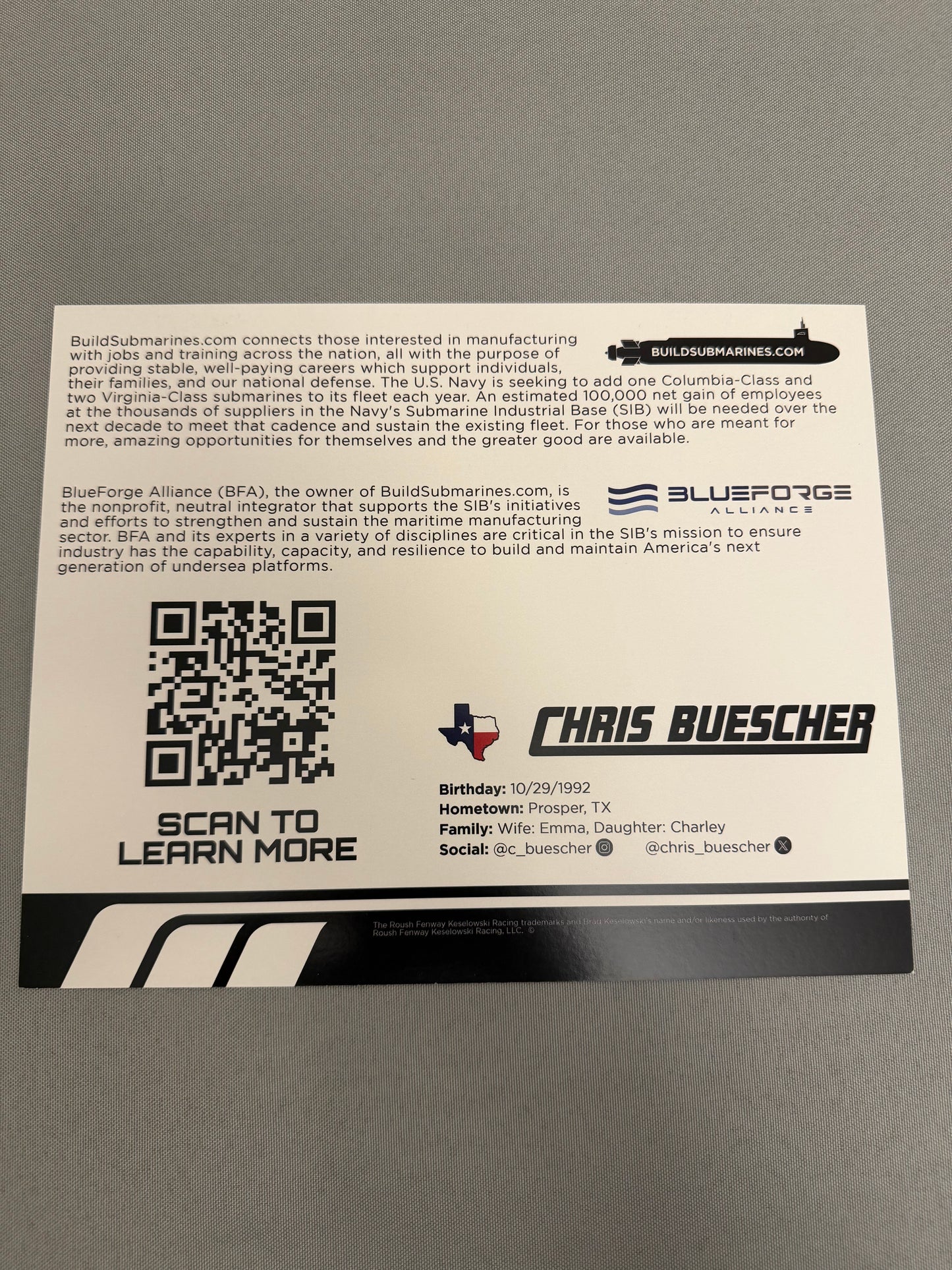 Chris Buescher #17 2023 Build Submarines Nascar Hero Card