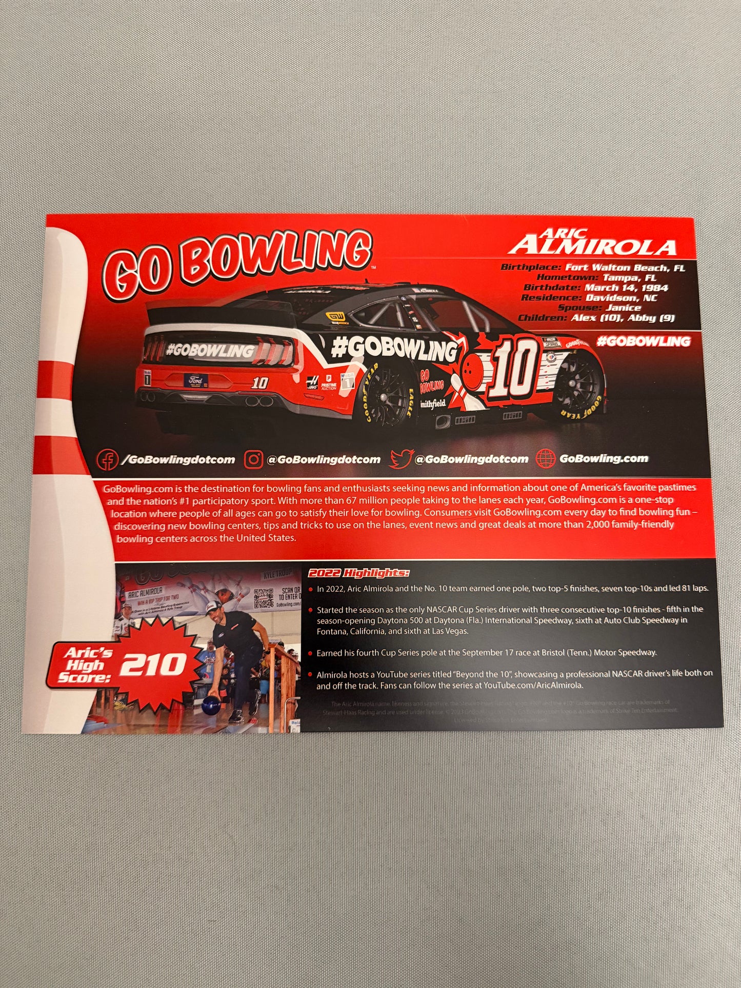 Aric Almirola #10 2023 Go Bowling Nascar Hero Card