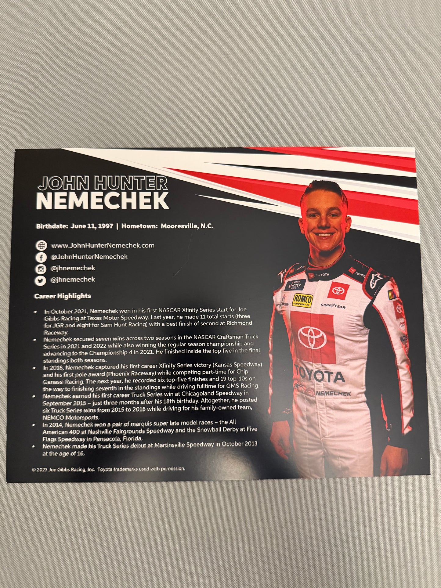 John Hunter Nemechek #20 2023 Joe Gibbs Racing Nascar Hero Card