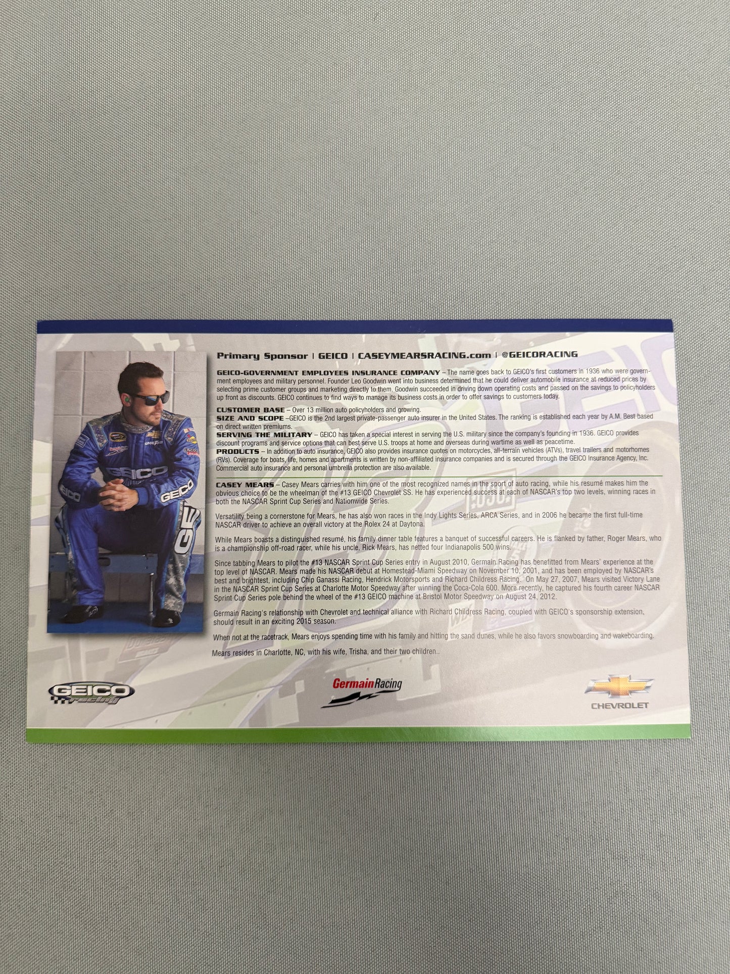 Casey Mears #13 2015 Geico Nascar Hero Card
