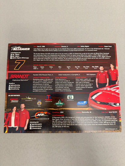 Justin Allgaier #7 2016 Brandt Nascar Hero Card