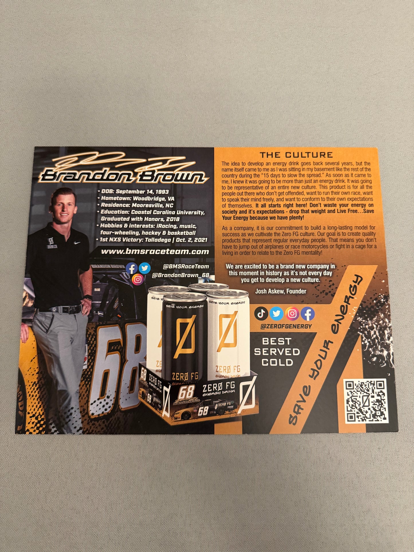 Brandon Brown #68 Zero FG Nascar Hero Card