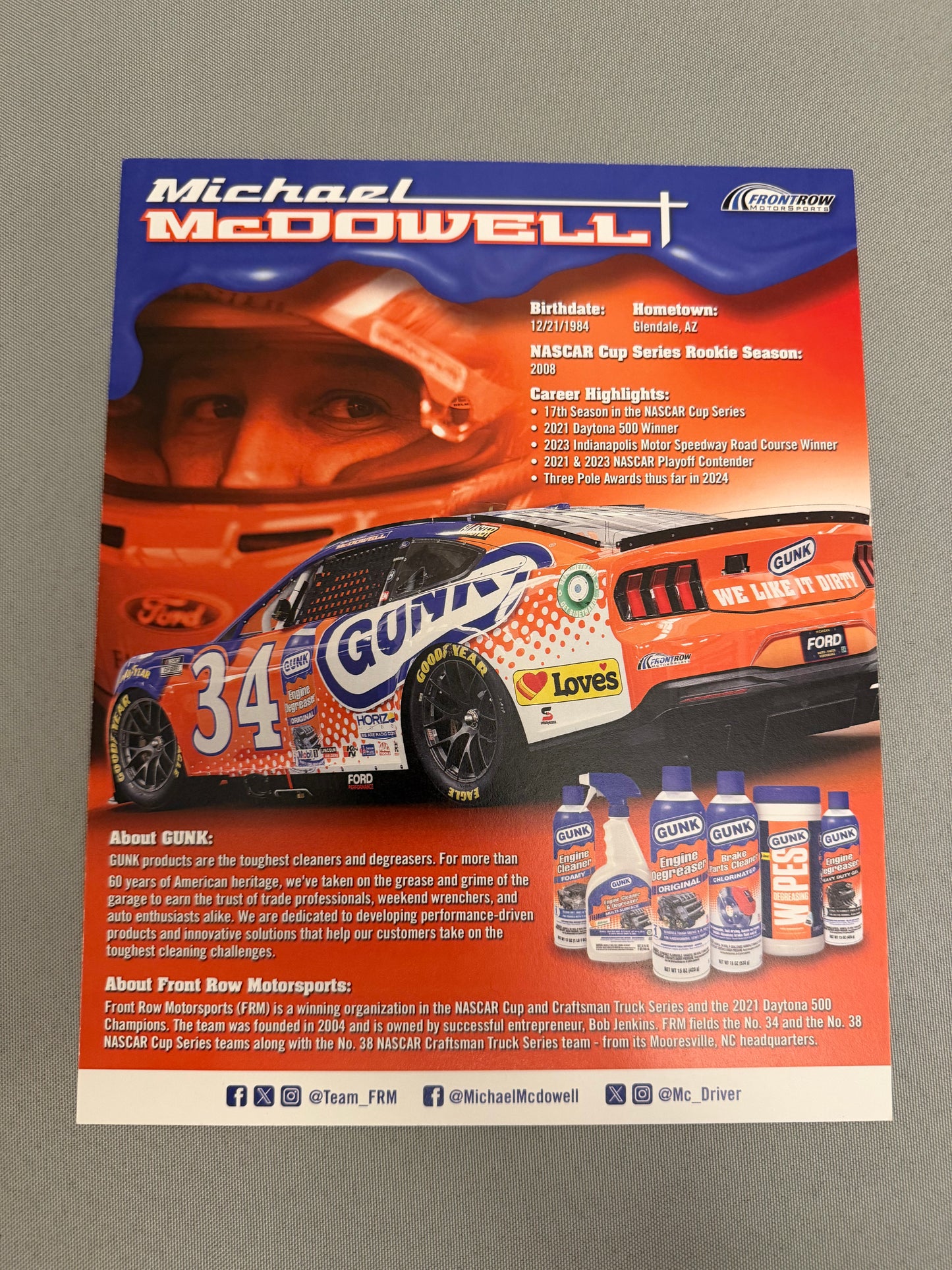 Michael McDowell #34 2024 Gunk Nascar Hero Card