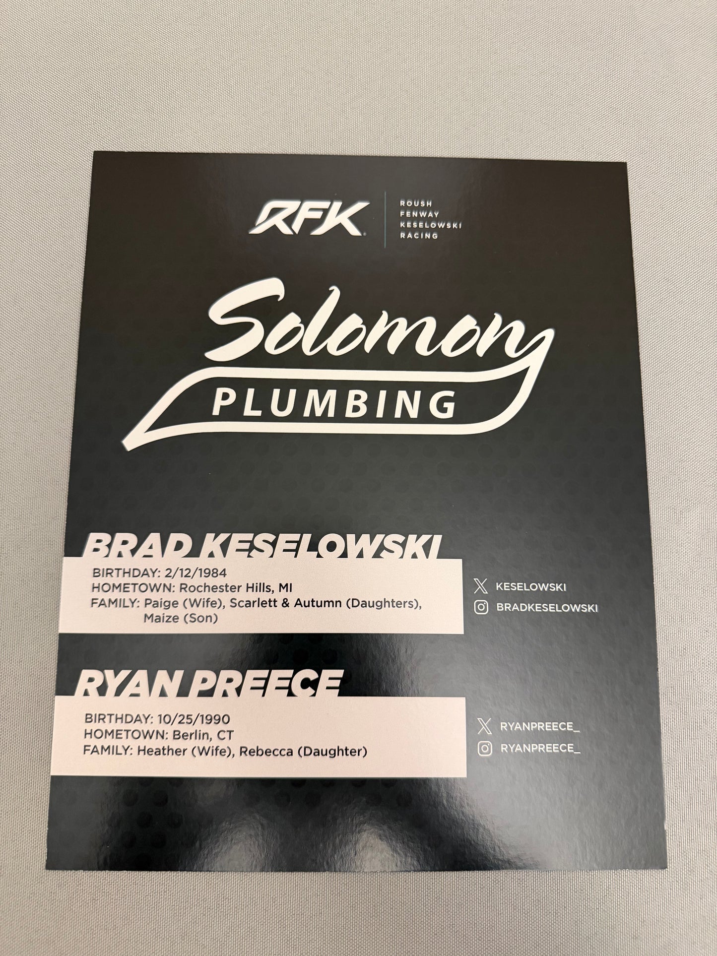 RFK Racing 2025 Solomon Plumbing Nascar Hero Card