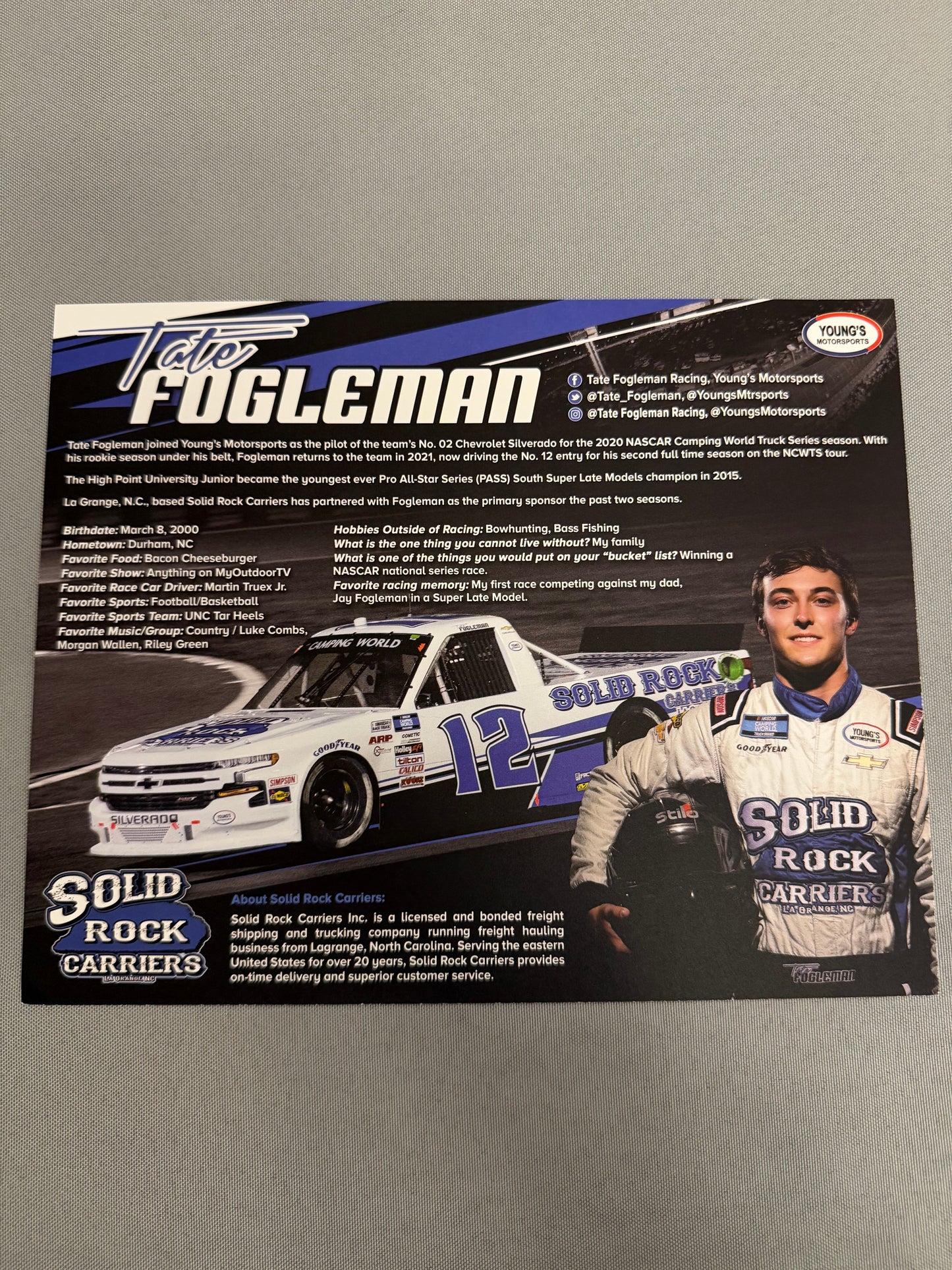 Tate Fogleman #12 2021 Solid Rock Nascar Hero Card