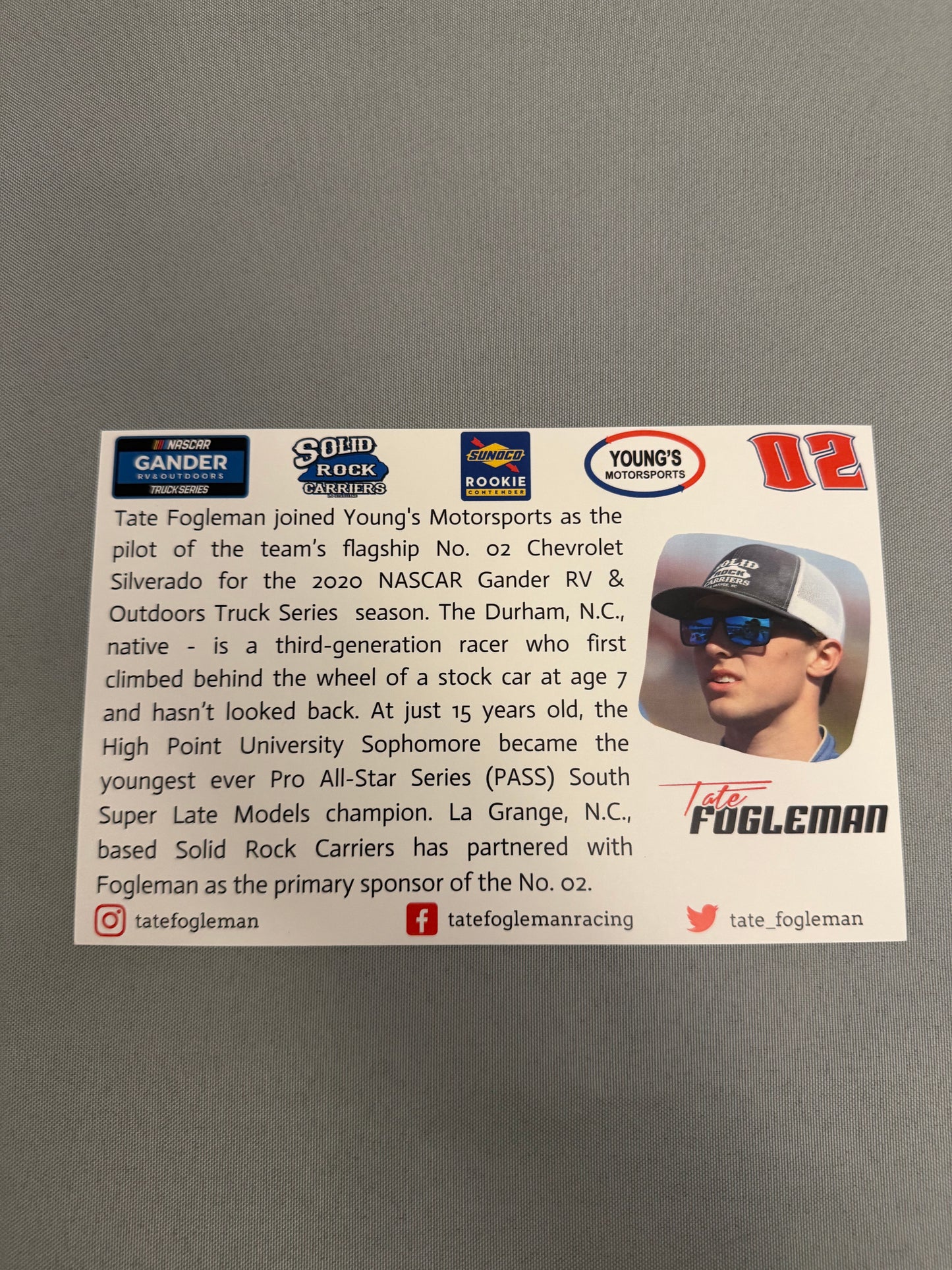 Tate Fogleman #02 2020 Solid Rock Nascar Hero Card