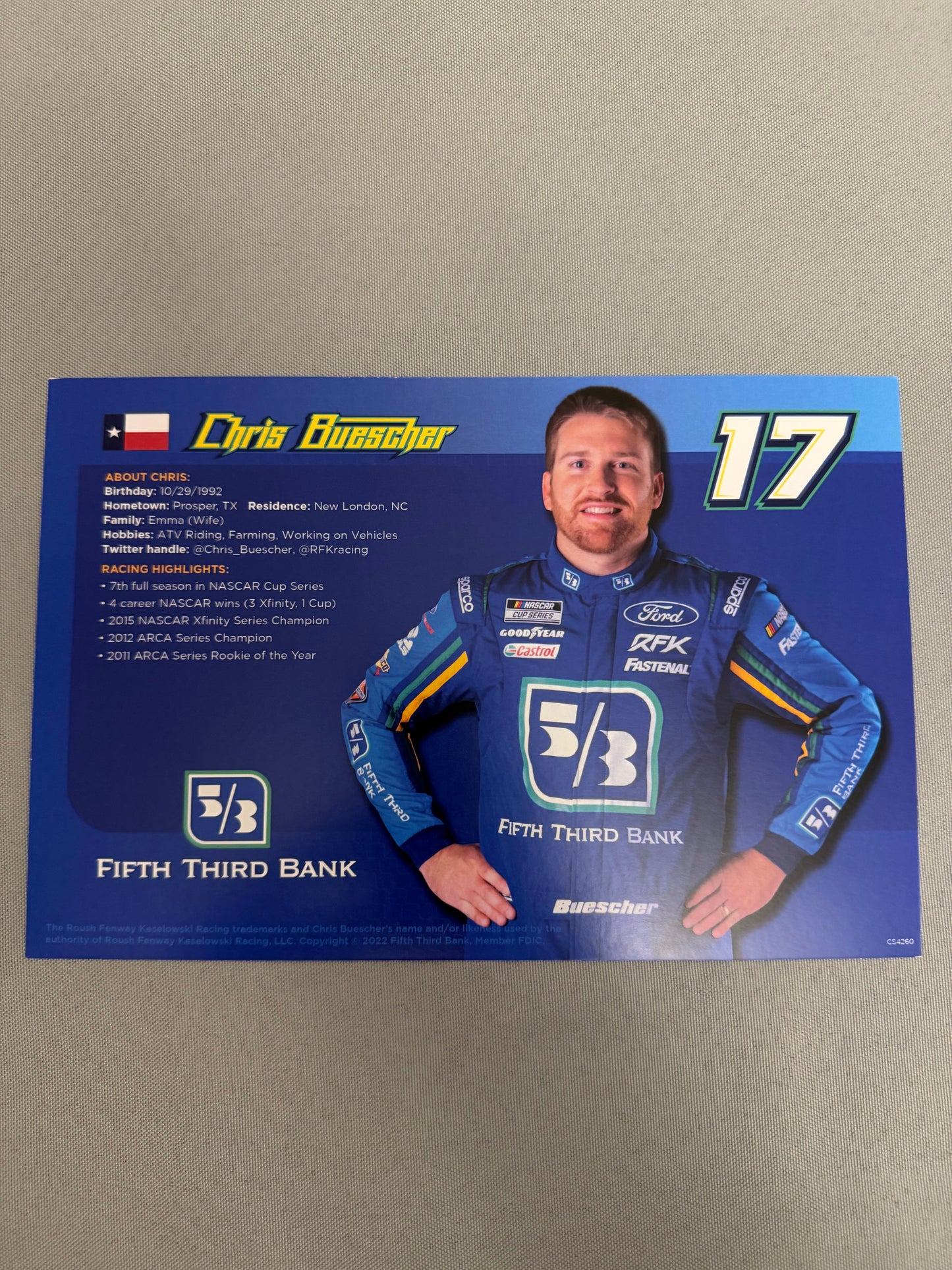 Chris Buescher #17 2022 Fifth Third Bank Nascar Hero Card
