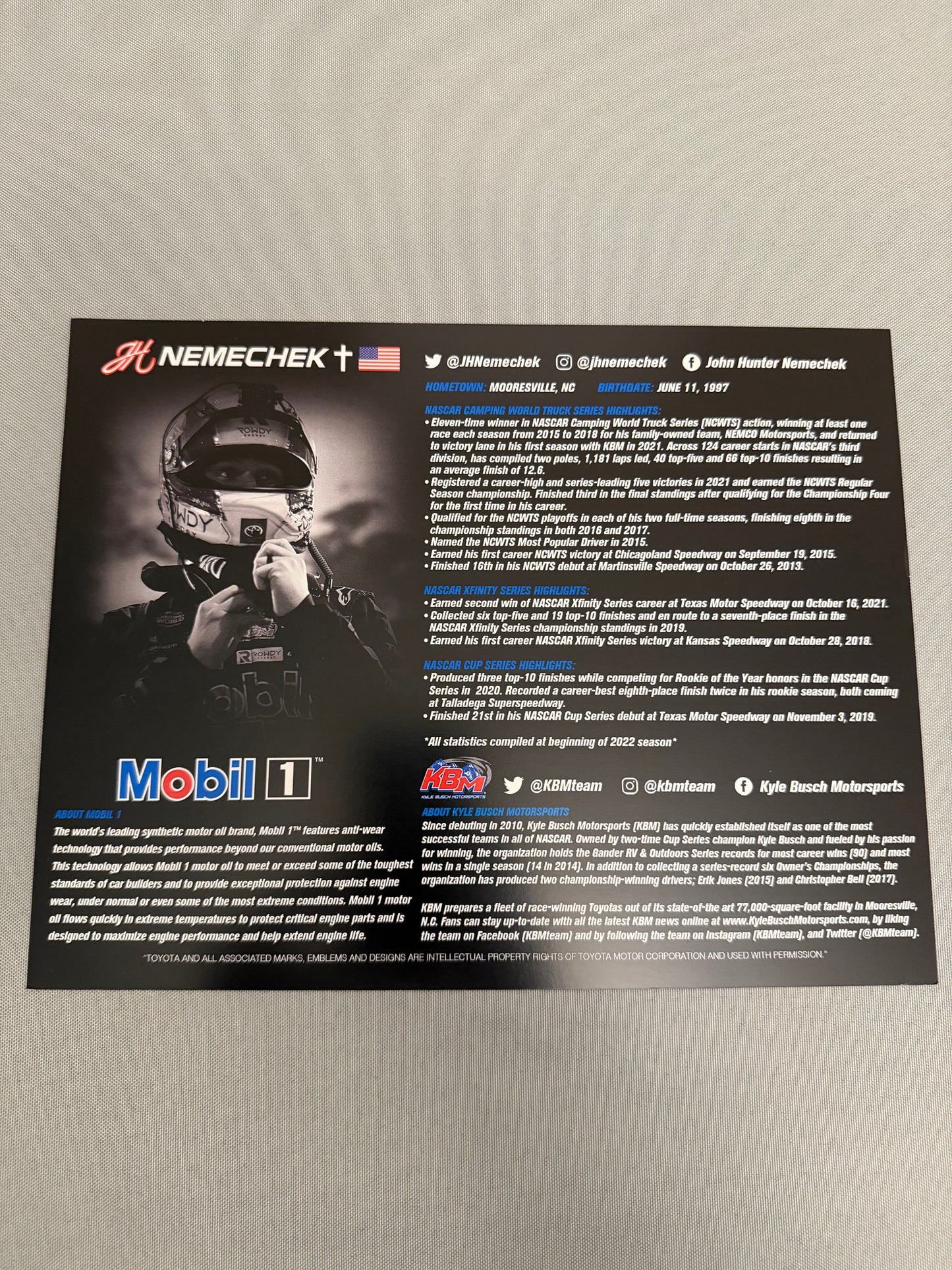 John Hunter Nemechek #4 2022 Mobil 1 Nascar Hero Card