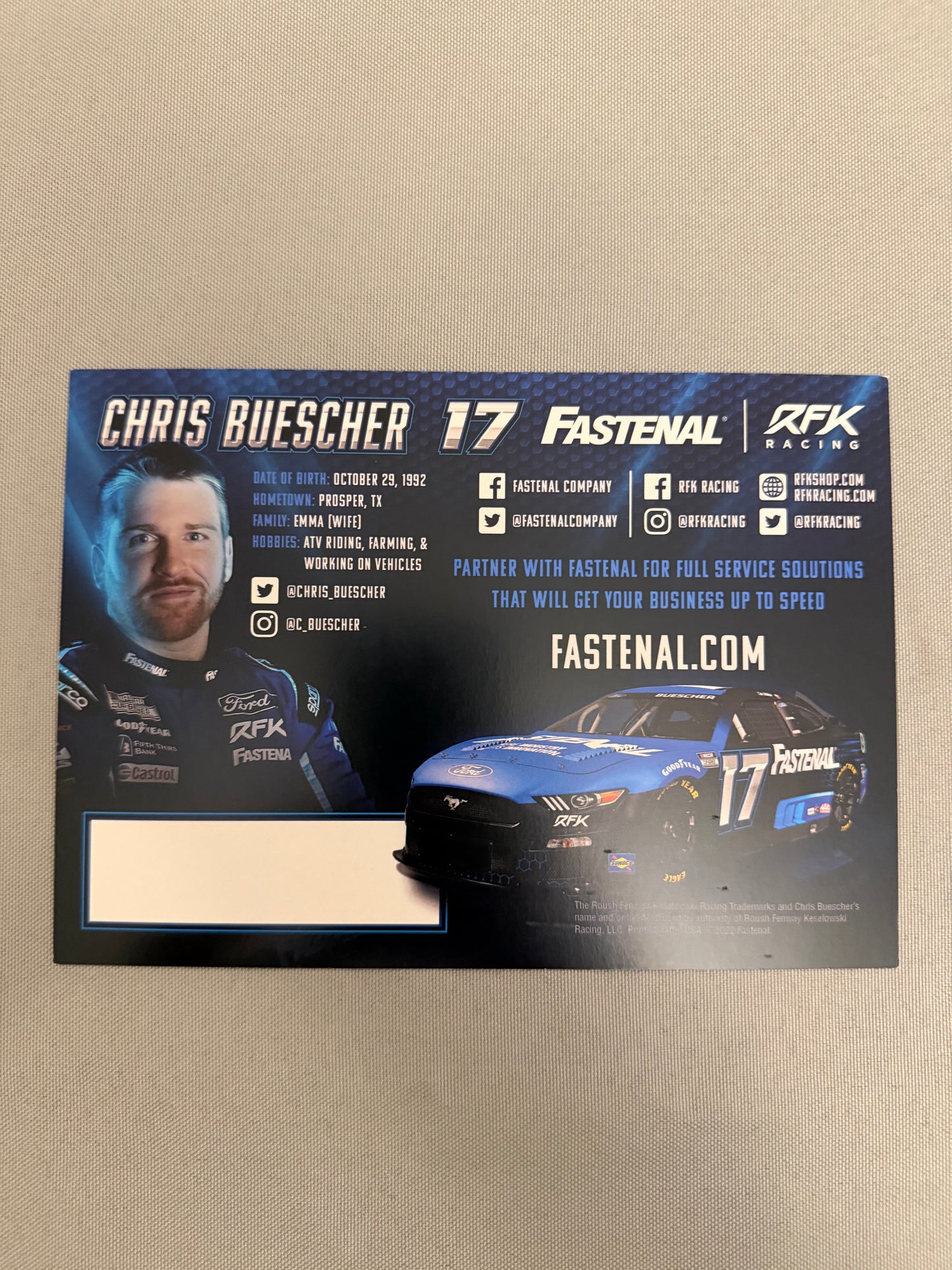 Chris Buescher #17 2022 Fastenal Nascar Hero Card