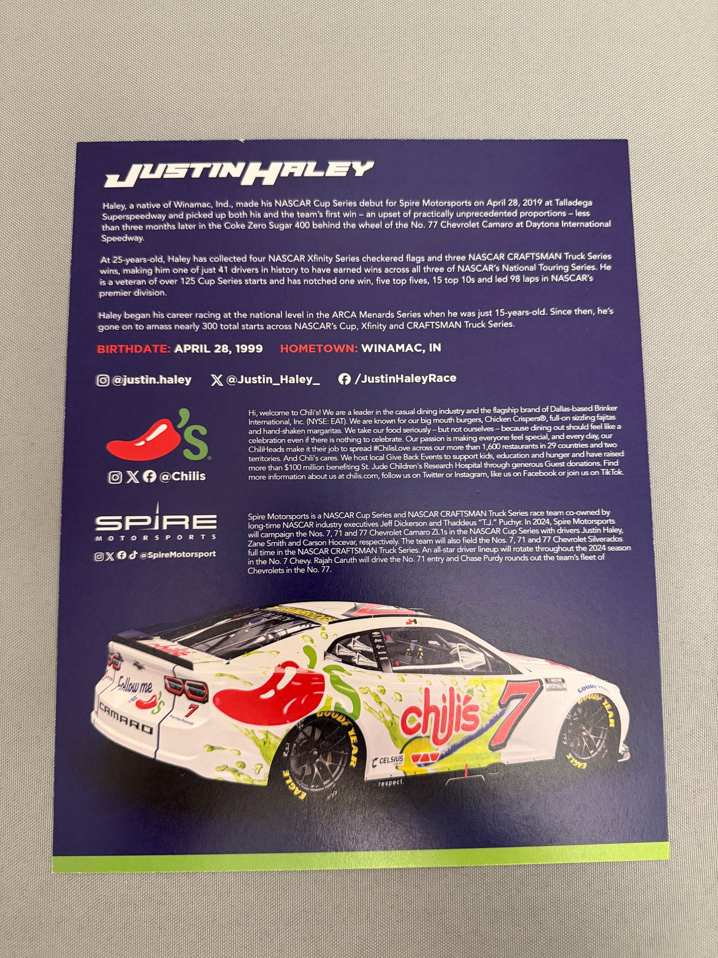 Justin Haley #7 2024 Chilis Catch A Rita Nascar Hero Card