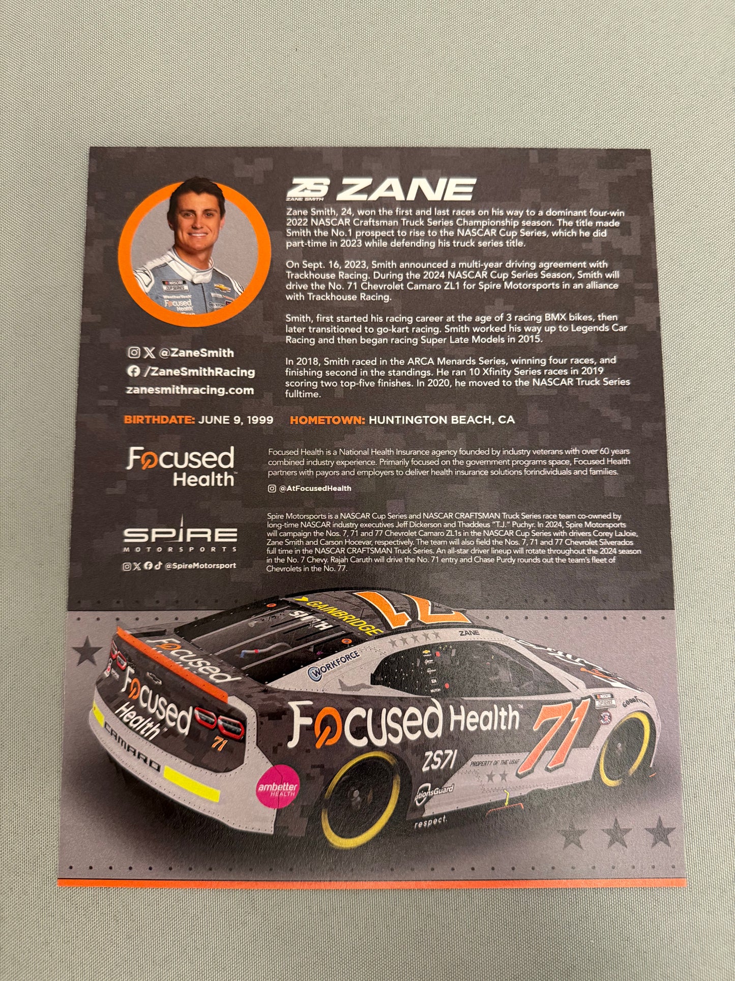 Zane Smith #71 2024 Focused Health Patriotic Nascar Hero Card