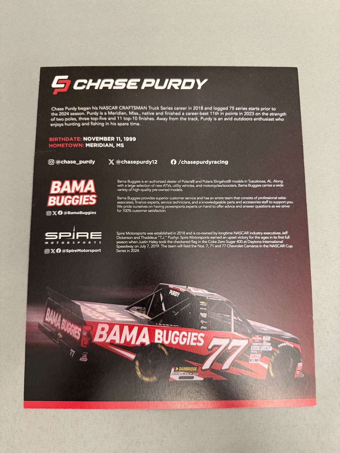 Chase Purdy #77 2024 Bama Buggies Nascar Hero Card
